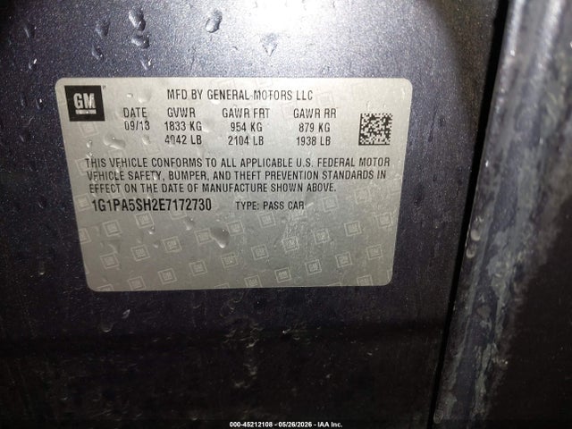 2014 Chevrolet Cruze Ls Auto მანქანა იყიდება აუქციონზე, vin: 1G1PA5SH2E7172730, აუქციონის ნომერი: 45212108