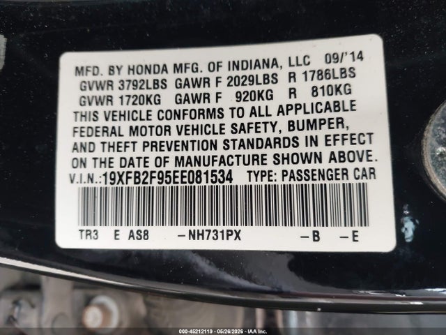 45212119 :رقم المزاد ، 19XFB2F95EE081534 vin ، 2014 Honda Civic Ex-l مزاد بيع