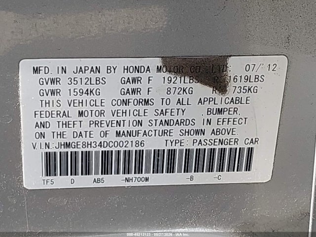 Aukcja sprzedaży 2013 Honda Fit, vin: JHMGE8H34DC002186, numer aukcji: 45212123
