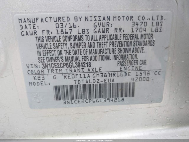 Auction sale of the 2016 Nissan Versa Note S (sr)/s Plus/sl/sr/sv, vin: 3N1CE2CP6GL394218, lot number: 45212124