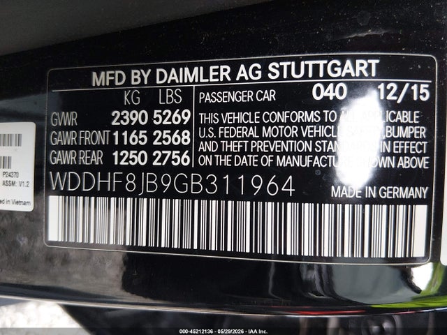 Aukcja sprzedaży 2016 Mercedes-benz E 350 4matic, vin: WDDHF8JB9GB311964, numer aukcji: 45212136