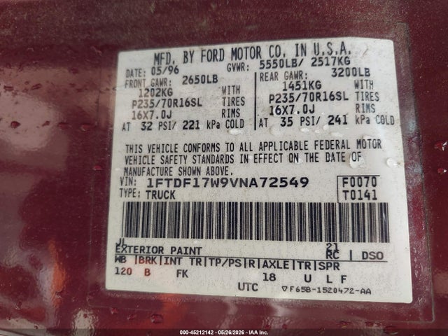 Продаж на аукціоні авто 1997 Ford F-150 Lariat/standard/xl/xlt, vin: 1FTDF17W9VNA72549, номер лоту: 45212142