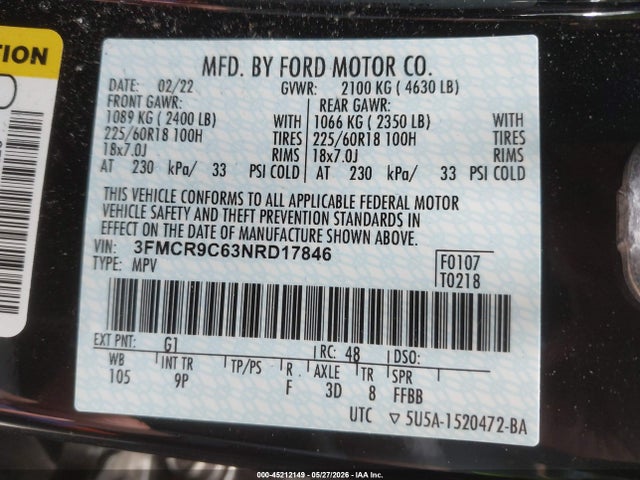 45212149 :رقم المزاد ، 3FMCR9C63NRD17846 vin ، 2022 Ford Bronco Sport Outer Banks مزاد بيع