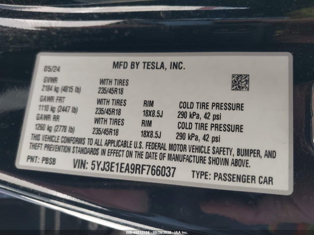 Продаж на аукціоні авто 2024 Tesla Model 3 Long Range Dual Motor All-wheel Drive/rear-wheel Drive, vin: 5YJ3E1EA9RF766037, номер лоту: 45212156