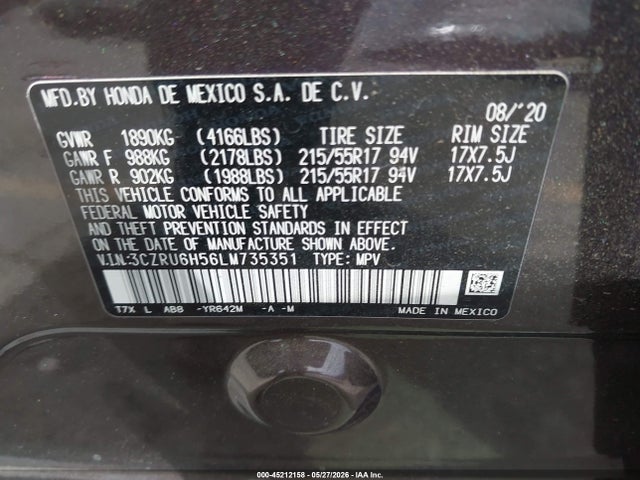 2020 Honda Hr-v Awd Ex მანქანა იყიდება აუქციონზე, vin: 3CZRU6H56LM735351, აუქციონის ნომერი: 45212158