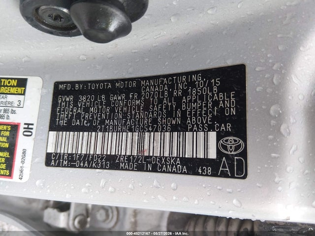 Aukcja sprzedaży 2016 Toyota Corolla S Plus, vin: 2T1BURHE1GC547036, numer aukcji: 45212167