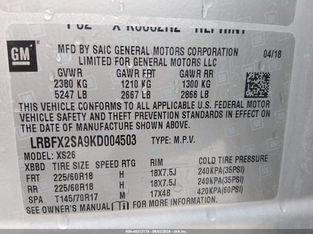 Продаж на аукціоні авто 2019 Buick Envision Awd Essence, vin: LRBFX2SA9KD004503, номер лоту: 45212179