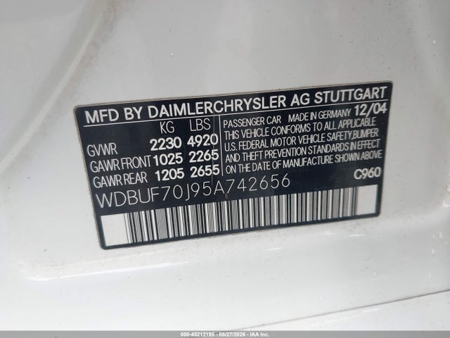 Aukcja sprzedaży 2005 Mercedes-benz E 500, vin: WDBUF70J95A742656, numer aukcji: 45212195