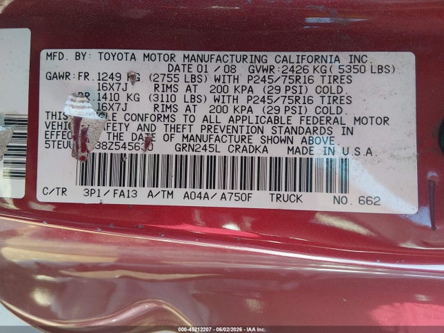 Aukcja sprzedaży 2008 Toyota Tacoma Base V6, vin: 5TEUU42N38Z545630, numer aukcji: 45212207