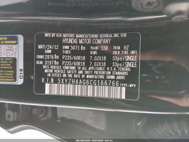 Aukcja sprzedaży 2012 Hyundai Santa Fe Se, vin: 5XYZH4AG6CG166766, numer aukcji: 45212225