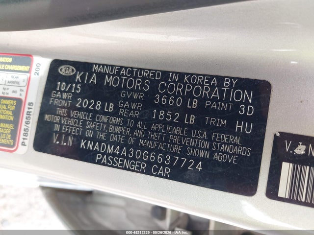 KNADM4A30G6637724 KIA RIO LX