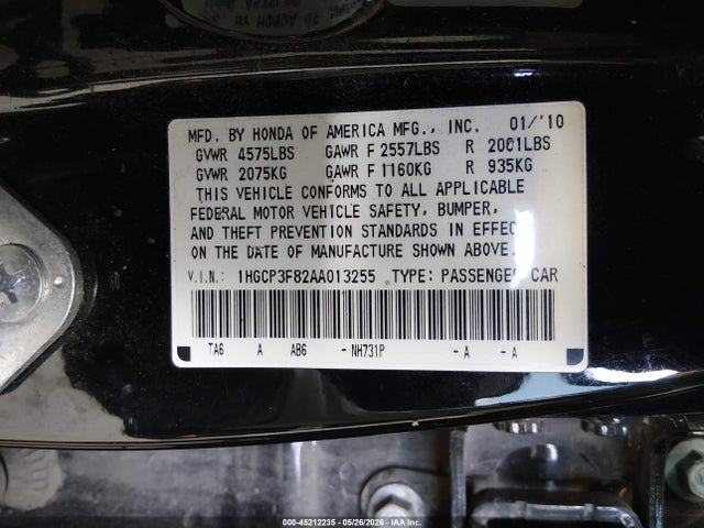 Aukcja sprzedaży 2010 Honda Accord 3.5 Ex-l, vin: 1HGCP3F82AA013255, numer aukcji: 45212235