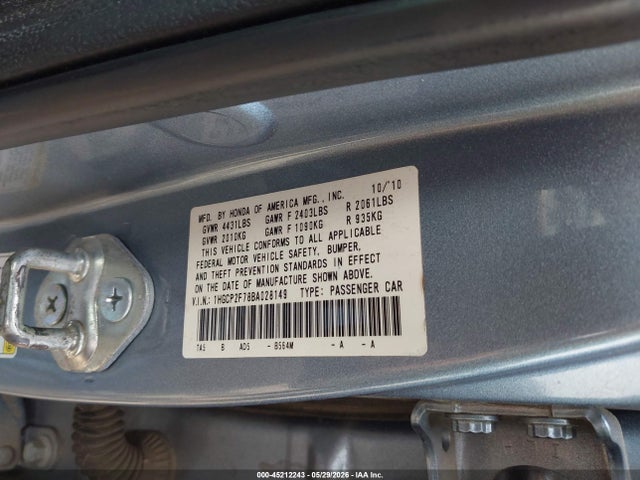 Aukcja sprzedaży 2011 Honda Accord 2.4 Ex, vin: 1HGCP2F78BA028149, numer aukcji: 45212243