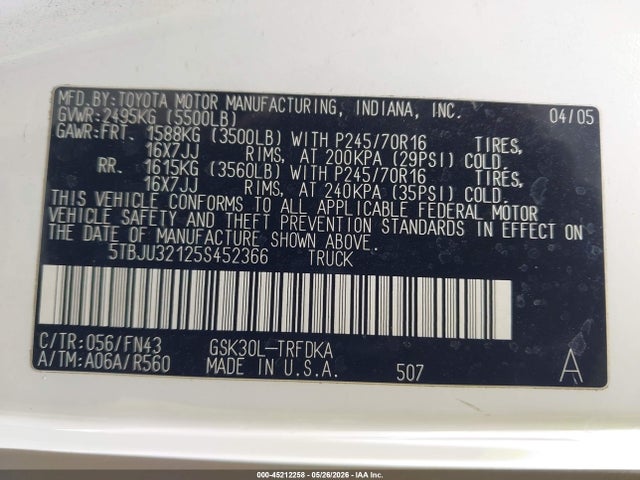 45212258 :رقم المزاد ، 5TBJU32125S452366 vin ، 2005 Toyota Tundra مزاد بيع