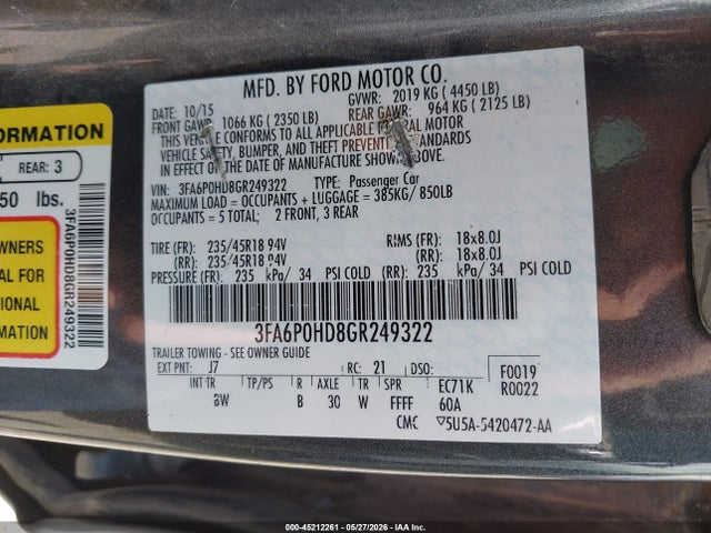 Ford FUSION SE 2016 3FA6P0HD8GR249322 Image 9