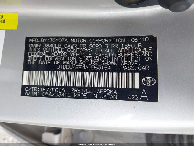 Aukcja sprzedaży 2010 Toyota Corolla Le, vin: JTDBU4EE4AJ063154, numer aukcji: 45212274