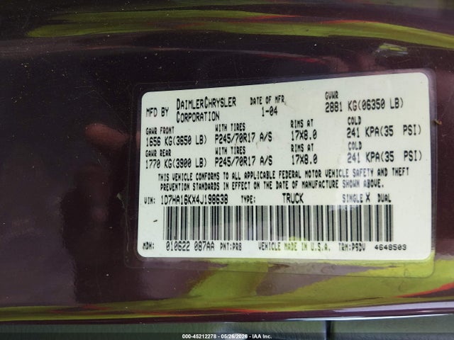 2004 Dodge Ram 1500 St მანქანა იყიდება აუქციონზე, vin: 1D7HA16KX4J198638, აუქციონის ნომერი: 45212278