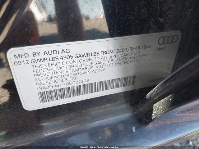 45212289 :رقم المزاد ، WAUFFAFL7DN022308 vin ، 2013 Audi A4 2.0t Premium مزاد بيع