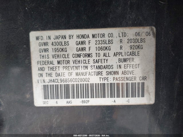 Aukcja sprzedaży 2006 Acura Tsx, vin: JH4CL96856C028002, numer aukcji: 45212290