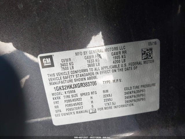 45212327 :رقم المزاد ، 1GKS2HKJXGR383706 vin ، 2016 Gmc Yukon Xl Denali مزاد بيع