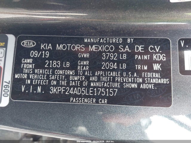 Aukcja sprzedaży 2020 Kia Forte Fe, vin: 3KPF24AD5LE175157, numer aukcji: 45212328