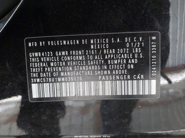 45212334 :رقم المزاد ، 3VWC57BU1MM035170 vin ، 2021 Volkswagen Jetta 1.4t R-line/1.4t S/1.4t Se مزاد بيع
