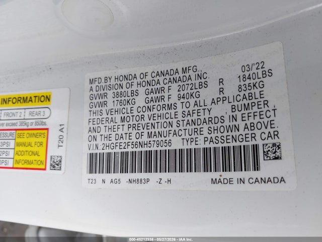 2HGFE2F56NH579056 Honda Civic Sport