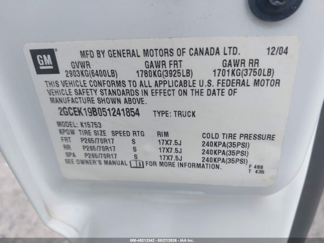 45212342 :رقم المزاد ، 2GCEK19B051241854 vin ، 2005 Chevrolet Silverado 1500 Z71 مزاد بيع