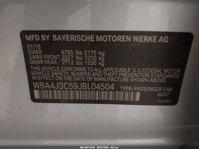 45212344 :رقم المزاد ، WBA4J3C59JBL04504 vin ، 2018 Bmw 430i Gran Coupe Xdrive مزاد بيع