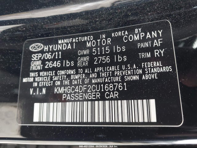 45212354 :رقم المزاد ، KMHGC4DF2CU168761 vin ، 2012 Hyundai Genesis 4.6 مزاد بيع