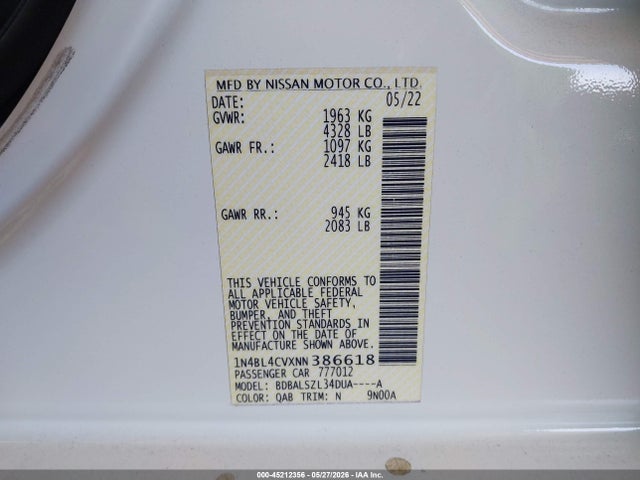 1N4BL4CVXNN386618 Nissan Altima Sr Fwd