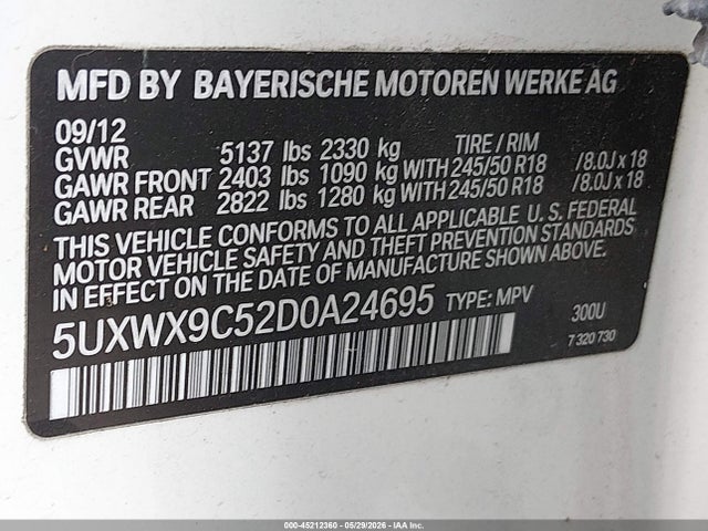 45212360 :رقم المزاد ، 5UXWX9C52D0A24695 vin ، 2013 Bmw X3 Xdrive28i مزاد بيع