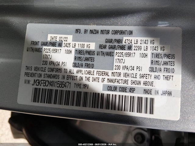 Aukcja sprzedaży 2022 Mazda Cx-5 Preferred, vin: JM3KFBCM4N1586471, numer aukcji: 45212369