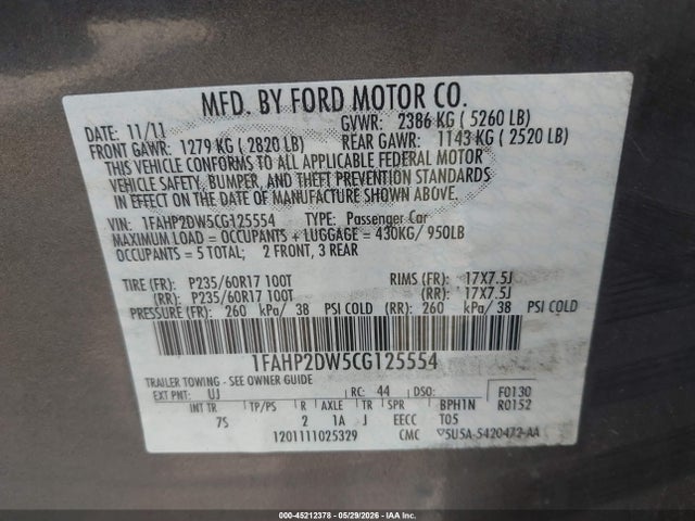 Продаж на аукціоні авто 2012 Ford Taurus Se, vin: 1FAHP2DW5CG125554, номер лоту: 45212378