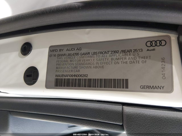 2017 Audi A4 2.0t Premium მანქანა იყიდება აუქციონზე, vin: WAUENAF4XHN006262, აუქციონის ნომერი: 45212384