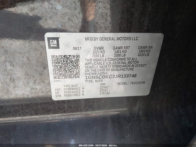 45212389 :رقم المزاد ، 1GNSCBKC7JR133748 vin ، 2018 Chevrolet Tahoe Lt مزاد بيع