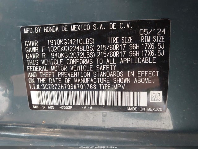 3CZRZ2H79SM701768 Honda Hr-v Awd Ex-l
