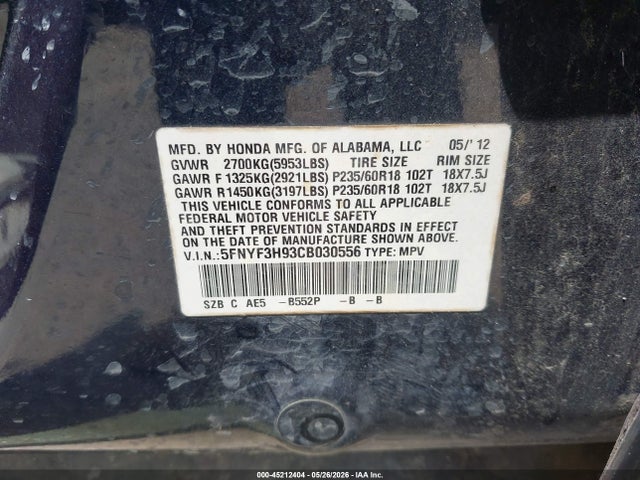 Aukcja sprzedaży 2012 Honda Pilot Touring, vin: 5FNYF3H93CB030556, numer aukcji: 45212404