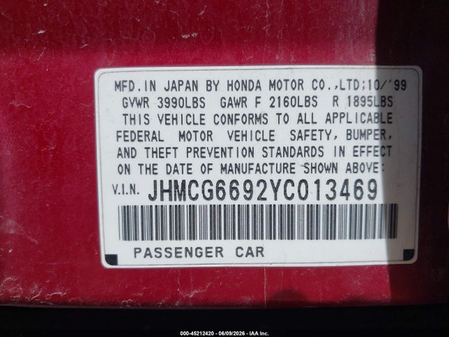 Aukcja sprzedaży 2000 Honda Accord 2.3 Se, vin: JHMCG6692YC013469, numer aukcji: 45212420