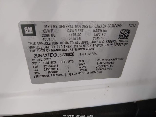 Aukcja sprzedaży 2018 Chevrolet Equinox Lt, vin: 2GNAXTEXXJ6220026, numer aukcji: 45212425
