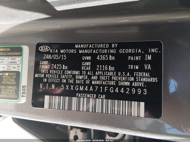 Aukcja sprzedaży 2015 Kia Optima Lx, vin: 5XXGM4A71FG442993, numer aukcji: 45212439