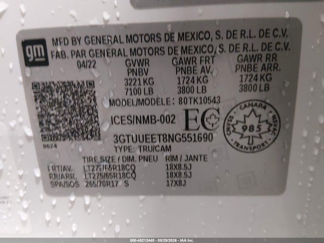 Auction sale of the 2022 Gmc Sierra 1500 At4, vin: 3GTUUEET8NG551690, lot number: 45212440