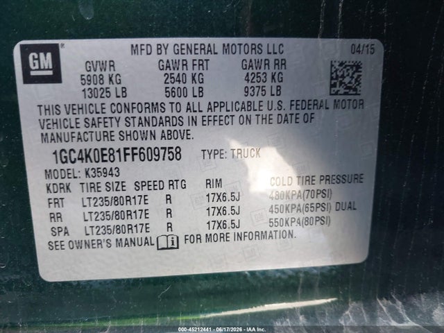 1GC4K0E81FF609758 Chevrolet Silverado 3500hd Ltz
