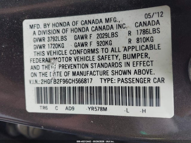 45212442 :رقم المزاد ، 2HGFB2F96CH566817 vin ، 2012 Honda Civic Ex-l مزاد بيع