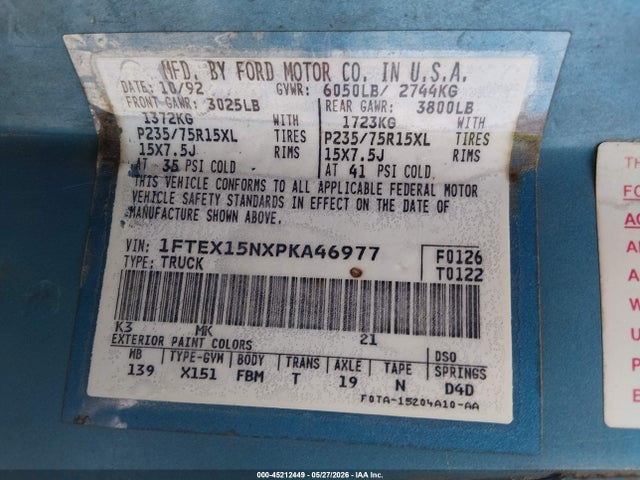 Aukcja sprzedaży 1993 Ford F150, vin: 1FTEX15NXPKA46977, numer aukcji: 45212449