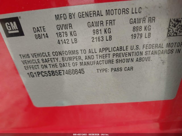 45212453 :رقم المزاد ، 1G1PC5SB5E7460845 vin ، 2014 Chevrolet Cruze 1lt Auto مزاد بيع