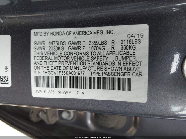 Продажа на аукционе авто 2019 Honda Accord Sport, vin: 1HGCV1F36KA081977, номер лота: 45212454