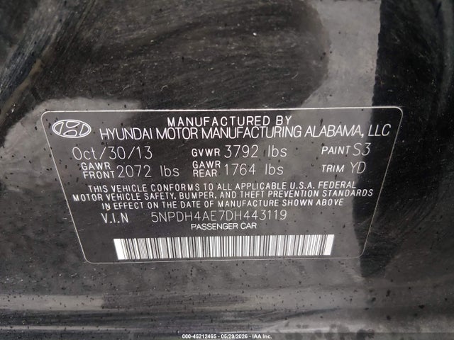 2013 Hyundai Elantra Gls მანქანა იყიდება აუქციონზე, vin: 5NPDH4AE7DH443119, აუქციონის ნომერი: 45212465