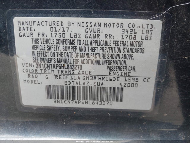 Продажа на аукционе авто 2017 Nissan Versa 1.6 S+, vin: 3N1CN7AP6HL843270, номер лота: 45212473