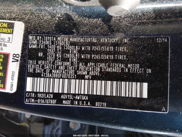 Aukcja sprzedaży 2015 Toyota Venza Xle, vin: 4T3BA3BB0FU070351, numer aukcji: 45212476